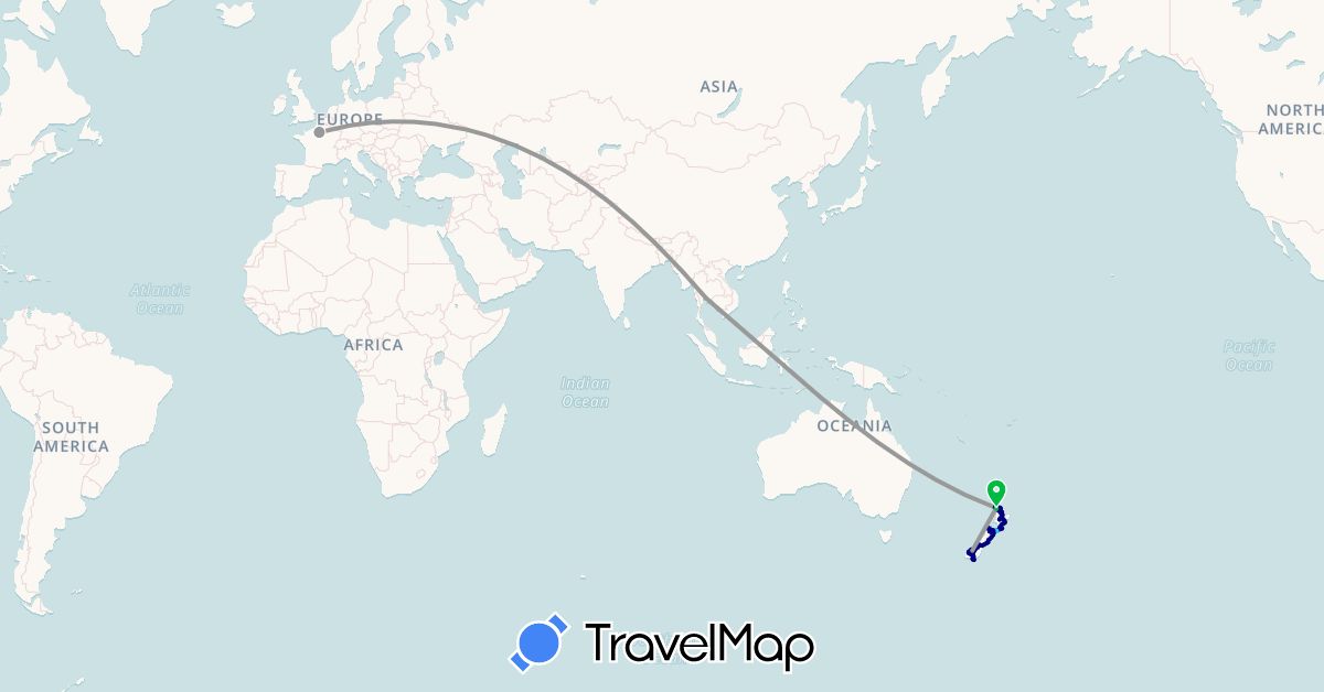 TravelMap itinerary: driving, bus, plane, boat in France, New Zealand, Thailand (Asia, Europe, Oceania)